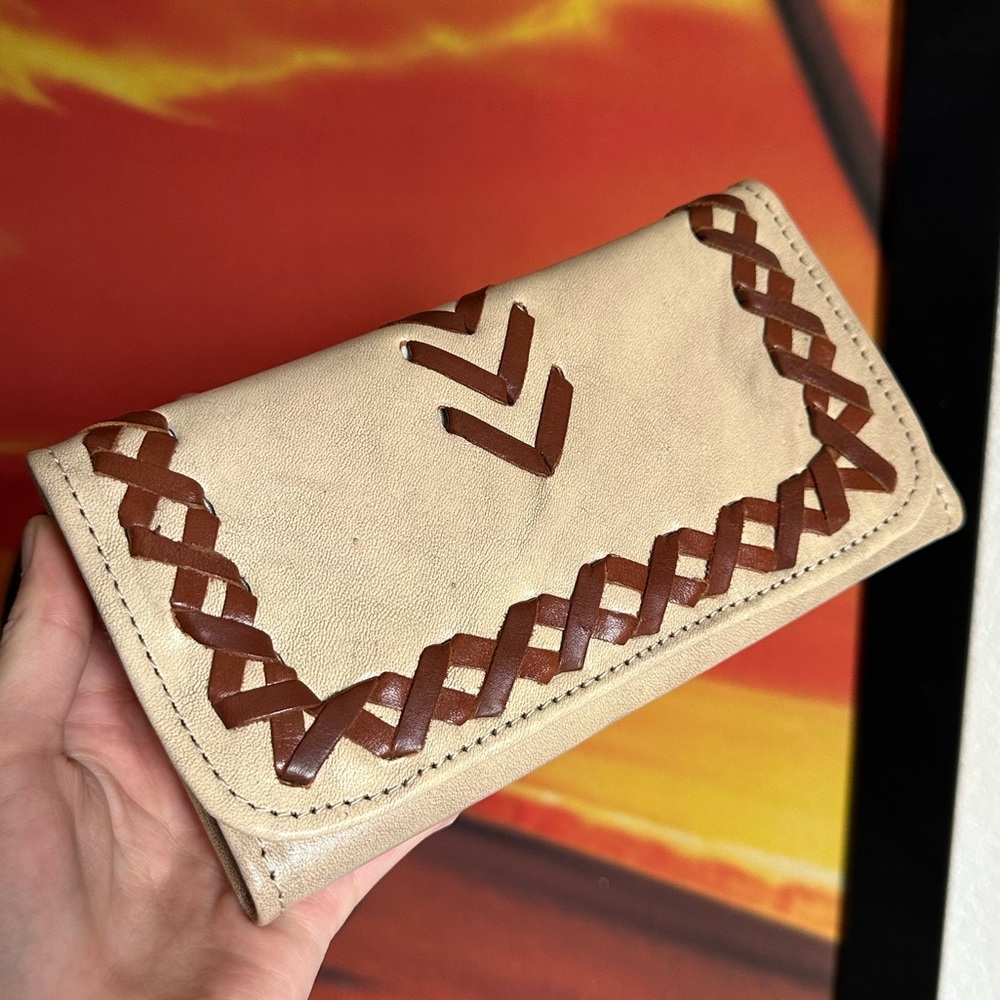 Woven Leather American West Tri Fold Wallet Boho Western Traditional Cream Brown